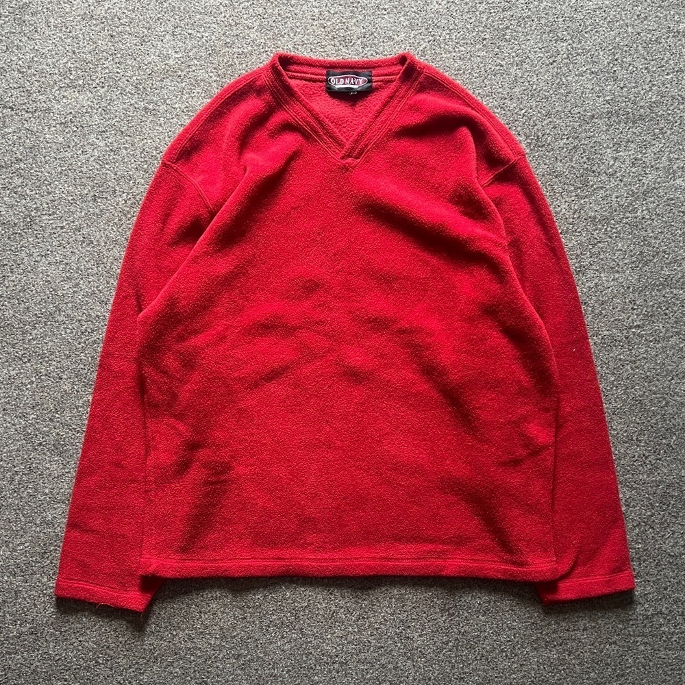 Vintage 90s Y2K Old Navy Red V-Neck Long Sleeve Fleece Pullover Sweater Men L/XL